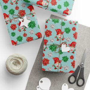 Hand-Drawn Gnomes & Bows Wrapping Paper — Whimsical Holiday Gift Wrap