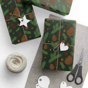 Hand-Drawn Pine Cones and Fir Wrapping Paper — Forest Green Holiday Gift Wrap