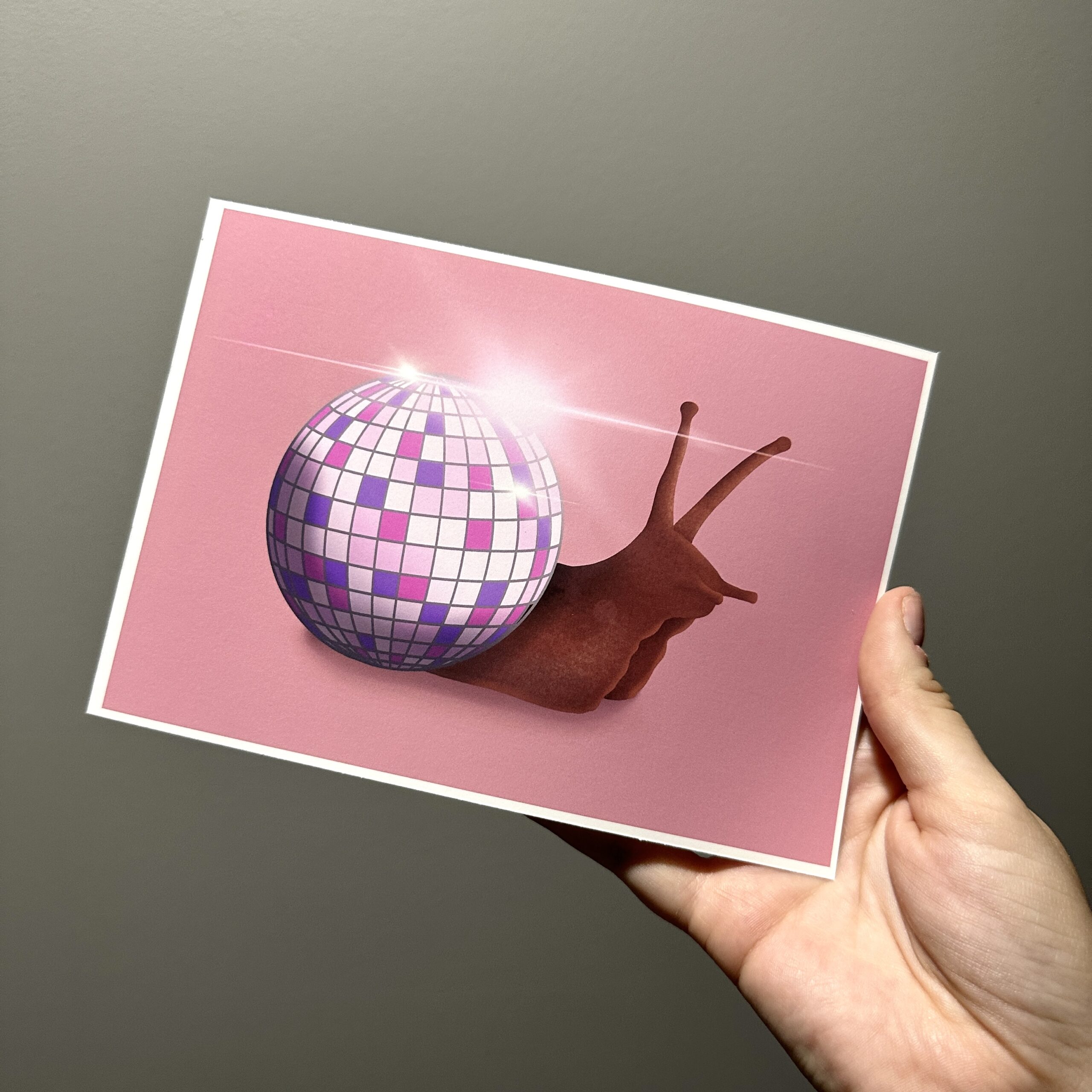 Drawing of a common garden snail on a dark brown background on a table