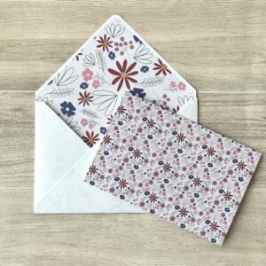A card with a pink floral pattern with a matching envelope on a table