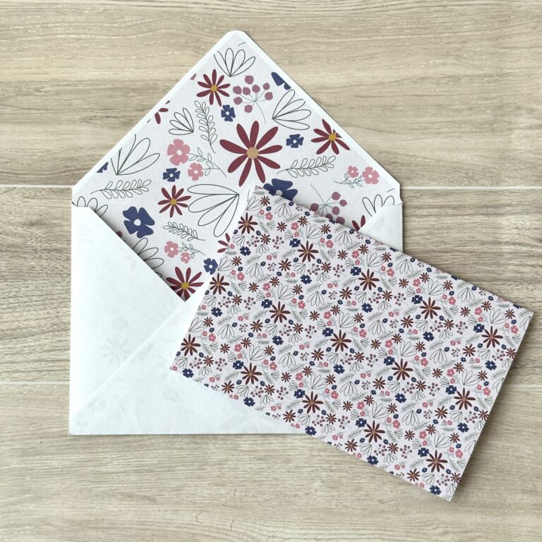 A card with a pink floral pattern with a matching envelope on a table
