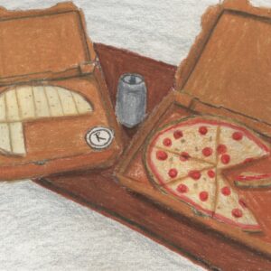 Drawing of two pizza boxes on a table with a pepperoni pizza and cheesy breadsticks. A can of soda sits between them.