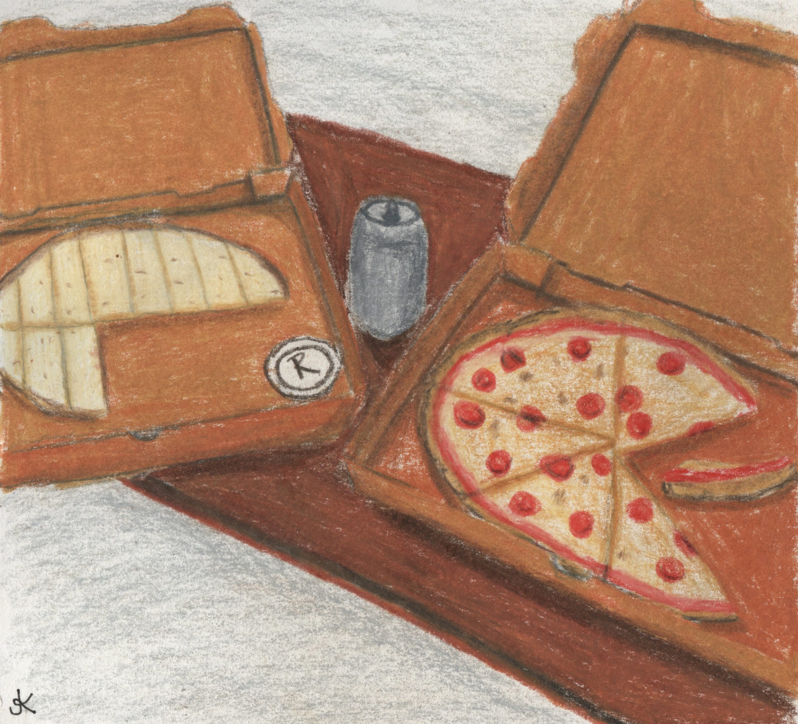 Drawing of two pizza boxes on a table with a pepperoni pizza and cheesy breadsticks. A can of soda sits between them.