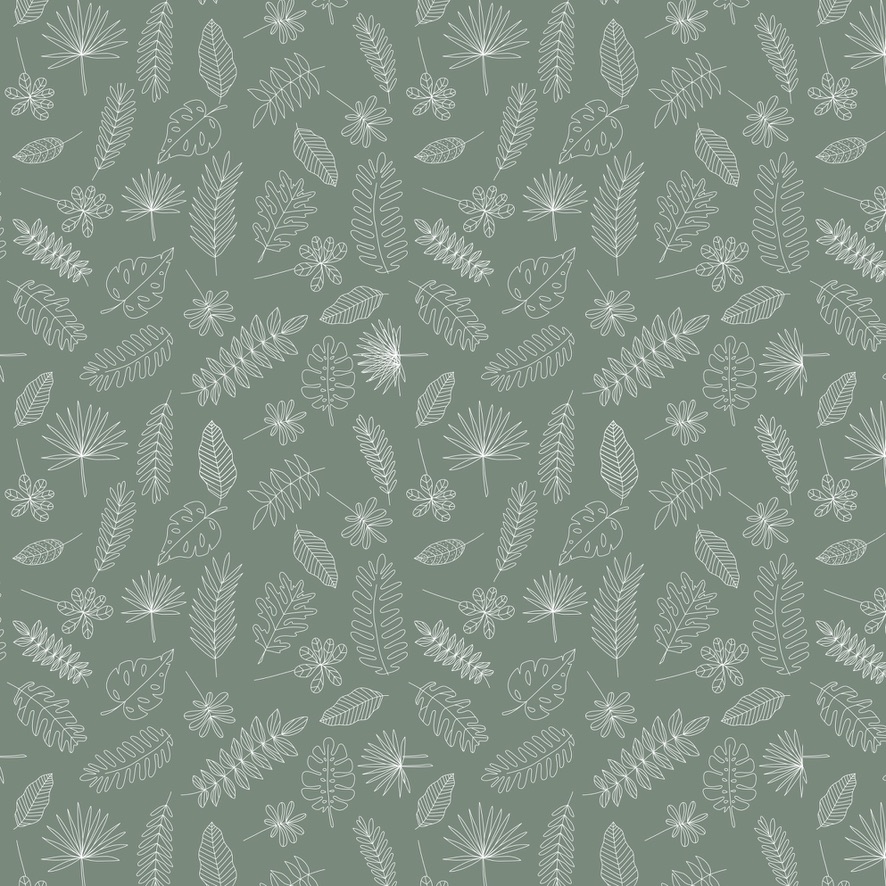 Pattern of assorted white leaves on a sage green background