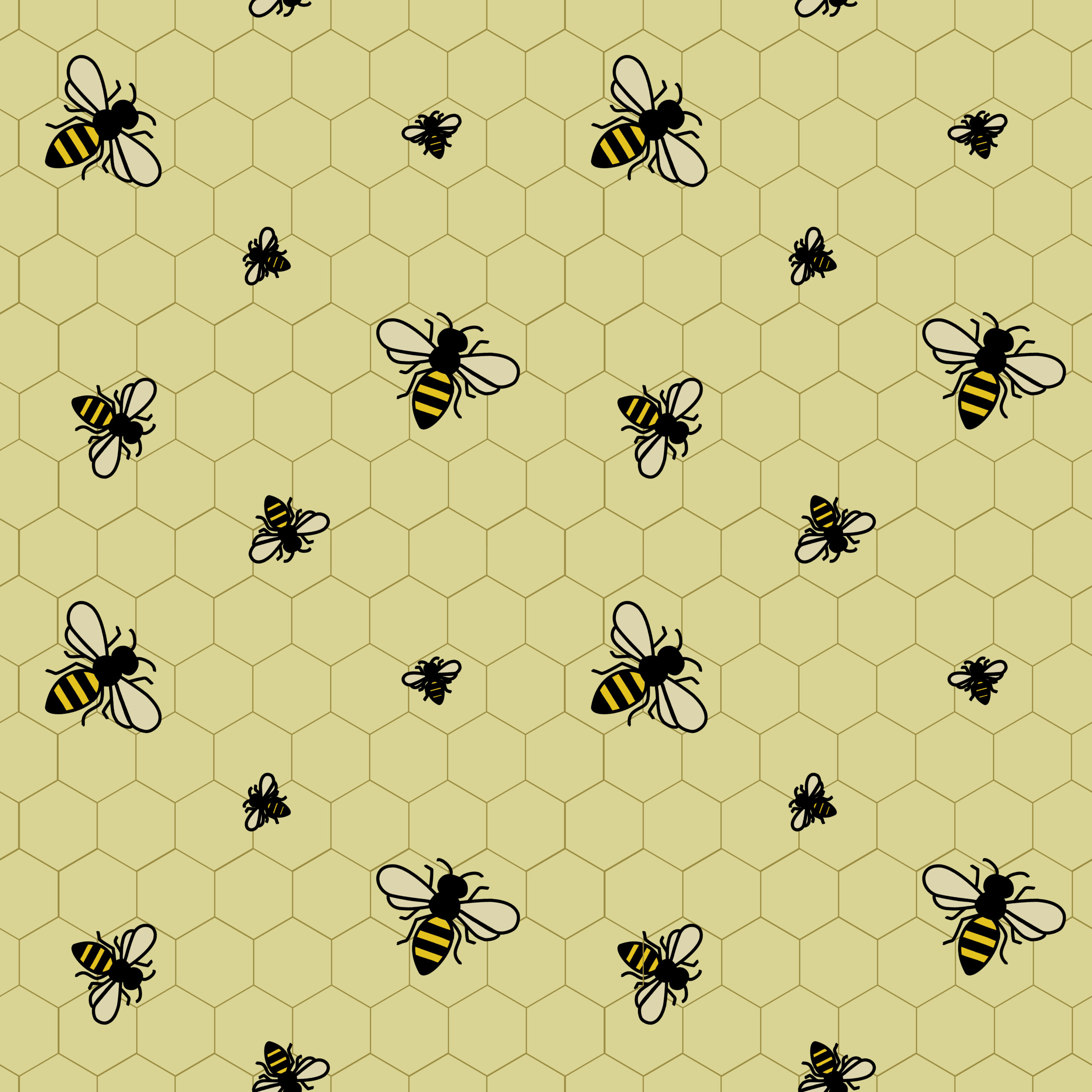 Pattern of bees and honeycomb on yellow background