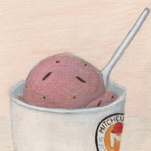 Drawing of a scoop of strawberry chocolate chunk ice cream in a cup from Mitchell's Ice Cream on a light tan and grey background