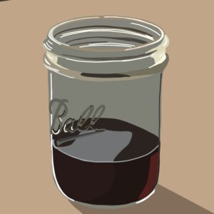Drawing of a Ball canning jar with no lid filled 1/4 of the way with dark purple juice on a tan background