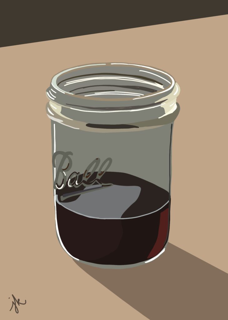 Drawing of a Ball canning jar with no lid filled 1/4 of the way with dark purple juice on a tan background