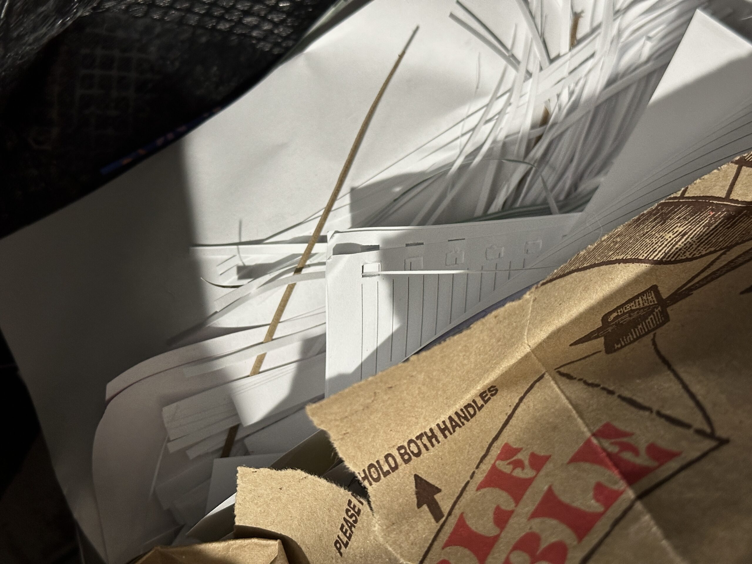 Paper cuttings in a Trader Joes paper bag